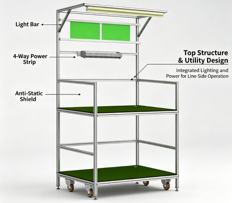 ESD‑AT‑AL3‑200 Aluminum Profile ESD Line‑Side Workstation Cart With Lamp & Power Strip For SMT Electronics Assembly Line

