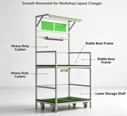ESD‑AT‑AL3‑200 Aluminum Profile ESD Line‑Side Workstation Cart With Lamp & Power Strip For SMT Electronics Assembly Line
