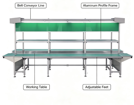 Ligne de convoyeur à bande antistatique personnalisée, convoyeur d'assemblage à profil en aluminium pour l'assemblage et les tests de produits électroniques